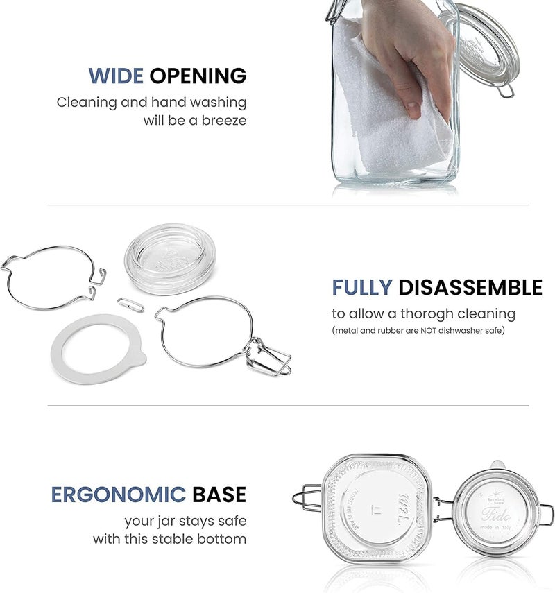 Bormioli Rocco Fido Collection, 6 Pack, 17 Oz. Food Storage Glass Jars, Airtight Rubber Seal & Glass Lid, With Stainless Wire Clamp, Made In Italy. - Image 3